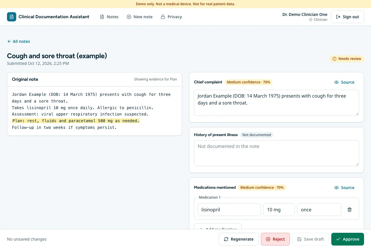 Screenshot of Clinical Documentation Assistant